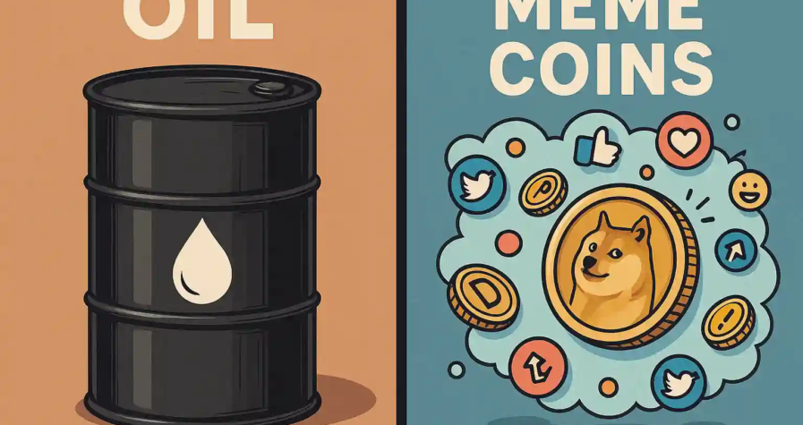 A split-image digital illustration comparing a barrel of oil representing tangible value and meme coins like Dogecoin floating in a cloud of hype and social media icons.