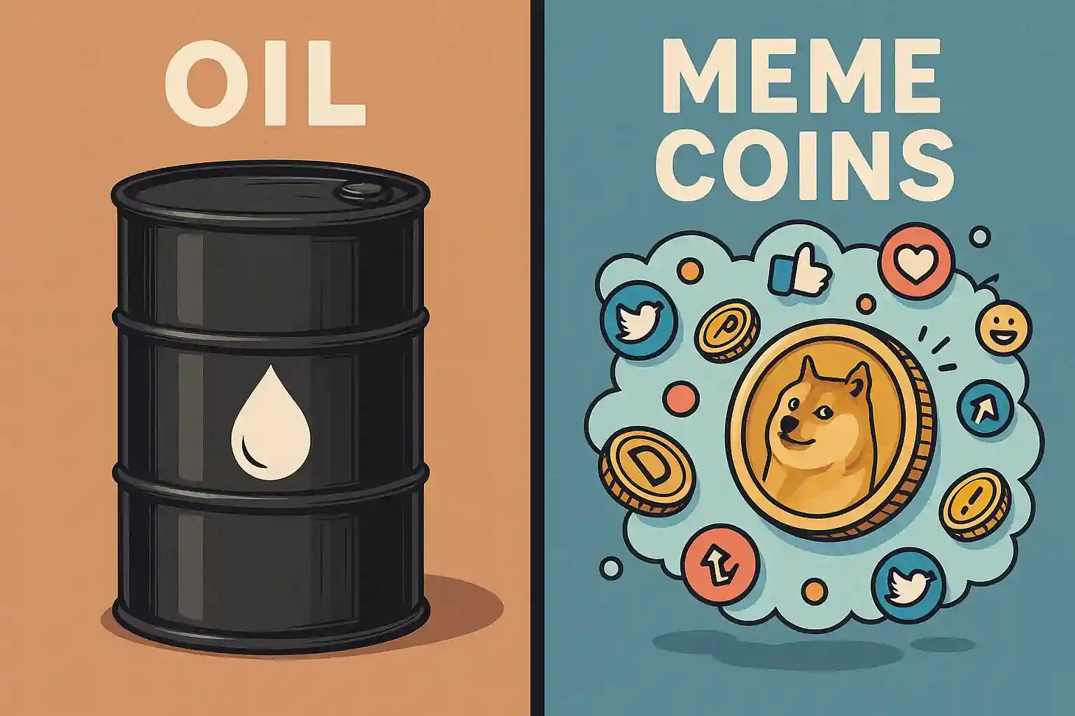 A split-image digital illustration comparing a barrel of oil representing tangible value and meme coins like Dogecoin floating in a cloud of hype and social media icons.
