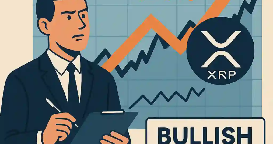 A financial analyst reviews an XRP chart projecting a 471% increase, with an upward arrow and “BULLISH FORECAST” sign highlighting strong market optimism.