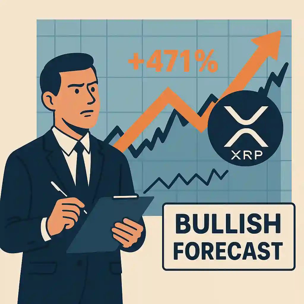 A financial analyst reviews an XRP chart projecting a 471% increase, with an upward arrow and “BULLISH FORECAST” sign highlighting strong market optimism.