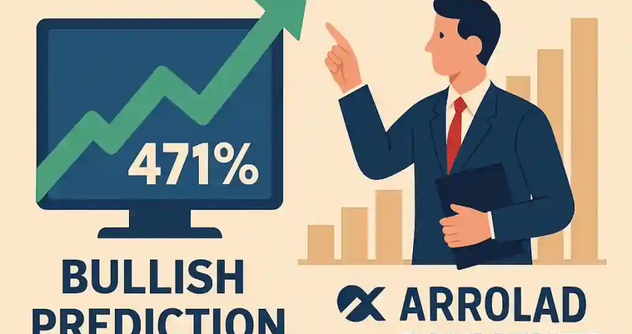 Graphique XRP avec flèche haussière et un analyste pointant une prédiction de croissance de 471 %, liée aux paiements transfrontaliers