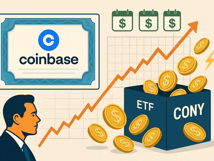 Illustration comparing Coinbase stock with CONY ETF, showing rising income from options-based strategy.
