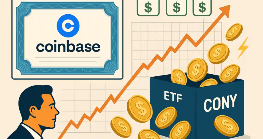 Illustration comparing Coinbase stock with CONY ETF, showing rising income from options-based strategy.