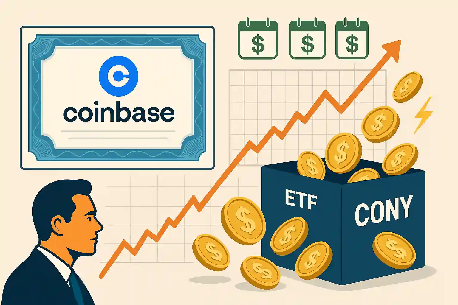 Illustration comparing Coinbase stock with CONY ETF, showing rising income from options-based strategy.