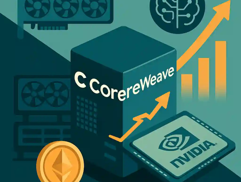 Illustration showing CoreWeave’s evolution from crypto mining to AI infrastructure, with Nvidia chip and rising chart.