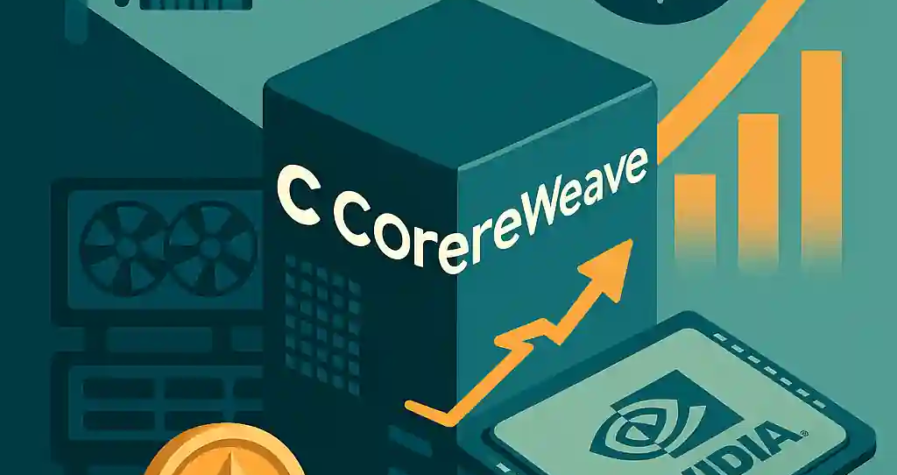 Illustration showing CoreWeave’s evolution from crypto mining to AI infrastructure, with Nvidia chip and rising chart.