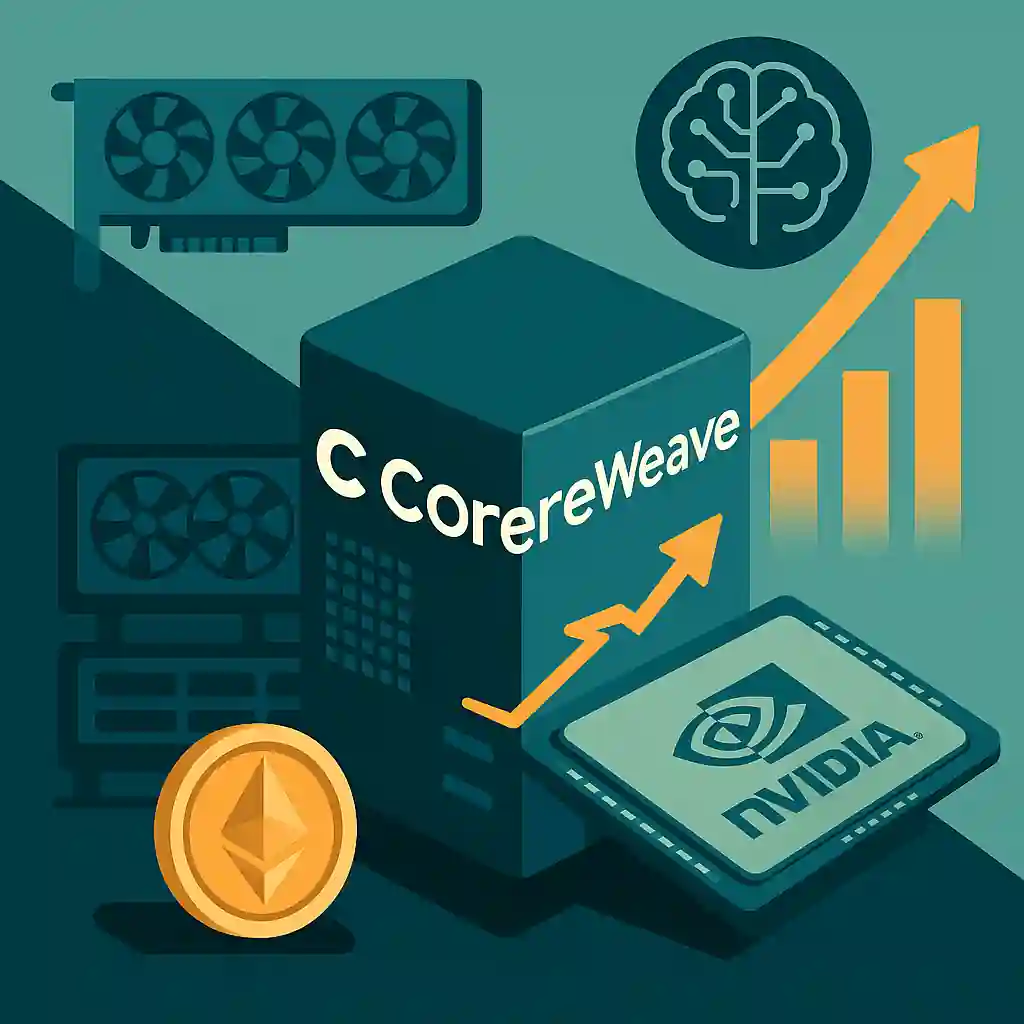 Illustration showing CoreWeave’s evolution from crypto mining to AI infrastructure, with Nvidia chip and rising chart.