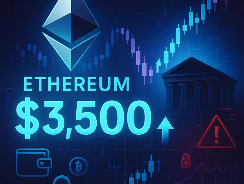 Ethereum logo with glowing $3,500 price, rising candlestick chart, wallet icons, institutional building silhouette, and hacker warning signs.