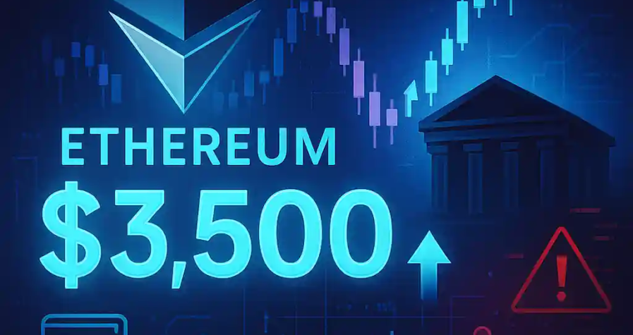 Ethereum logo with glowing $3,500 price, rising candlestick chart, wallet icons, institutional building silhouette, and hacker warning signs.