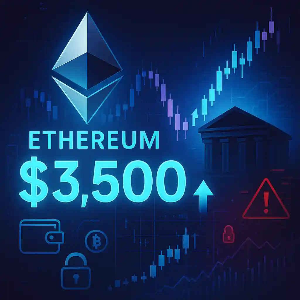 Ethereum logo with glowing $3,500 price, rising candlestick chart, wallet icons, institutional building silhouette, and hacker warning signs.