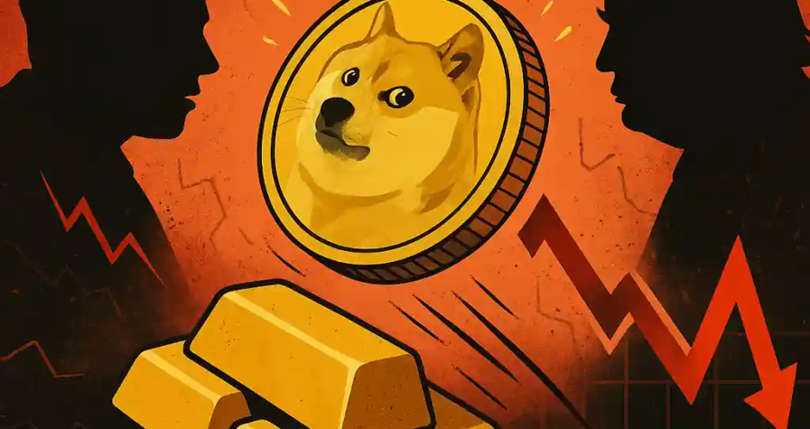 Illustration of Dogecoin falling amid Musk and Trump political feud, with red arrows and volatility.