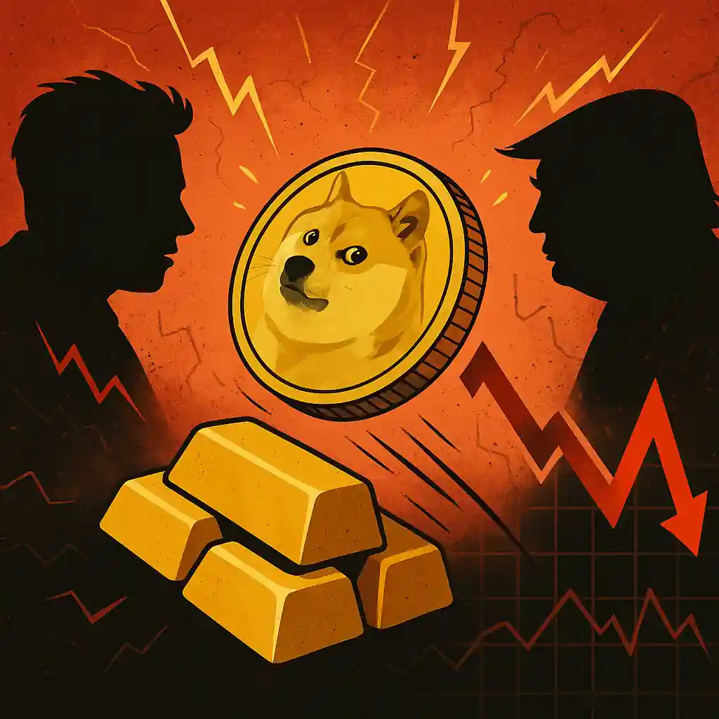Illustration of Dogecoin falling amid Musk and Trump political feud, with red arrows and volatility.