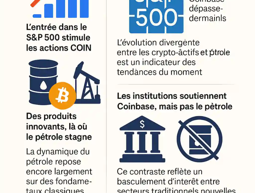 Infographie montrant le contraste entre la hausse du cours de Coinbase et la stagnation du pétrole sur les marchés mondiaux.