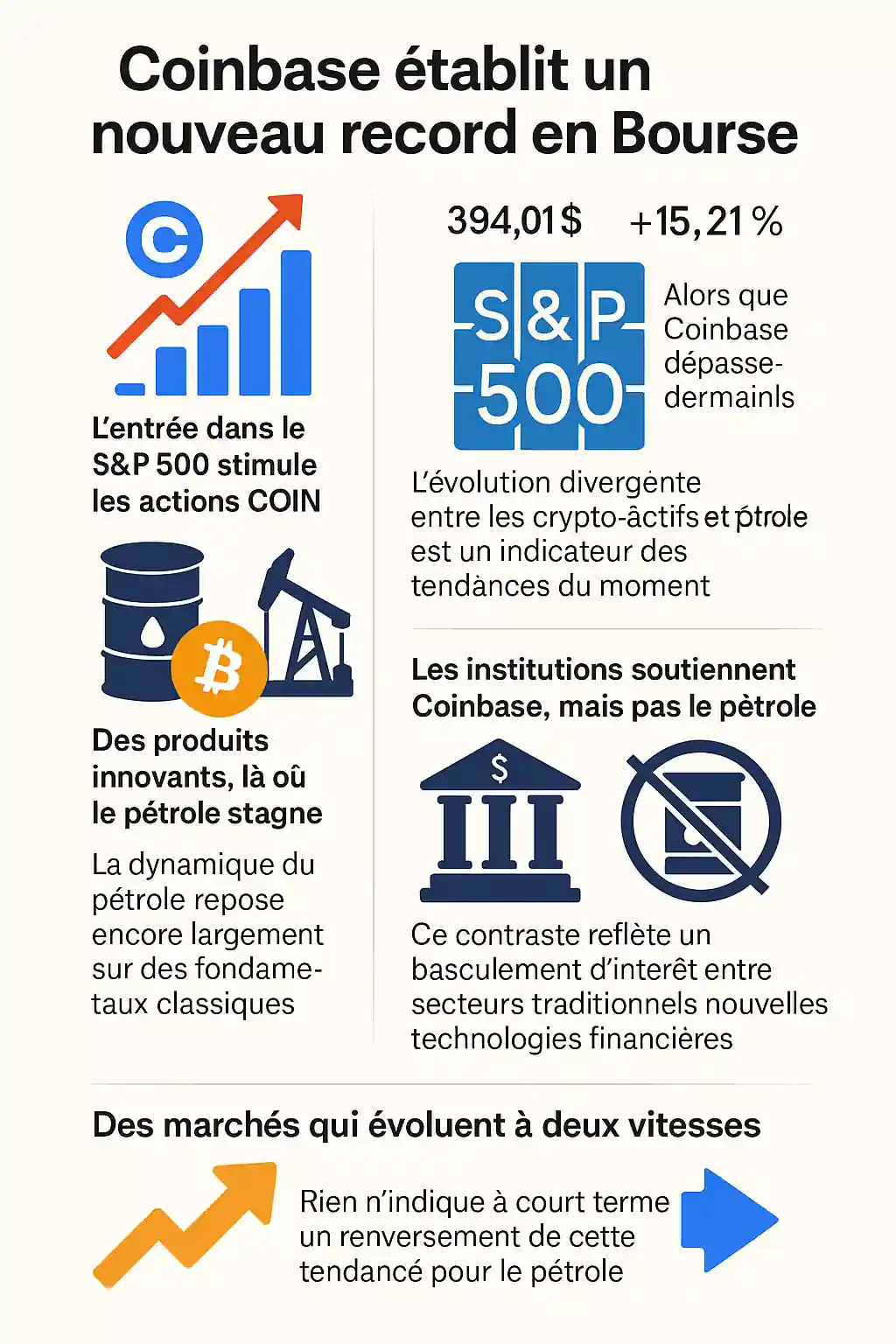 Infographie montrant le contraste entre la hausse du cours de Coinbase et la stagnation du pétrole sur les marchés mondiaux.