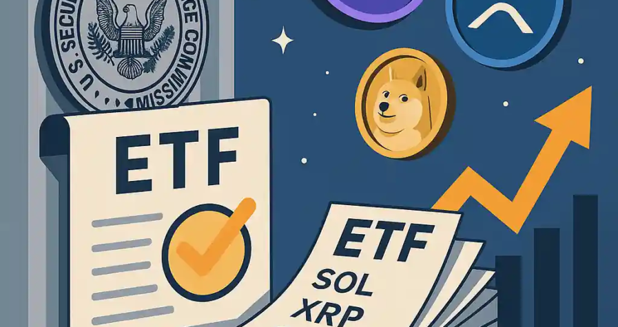 Illustration of SEC approving crypto ETFs with Solana, XRP, and Dogecoin symbols, ETF documents, and growth chart.