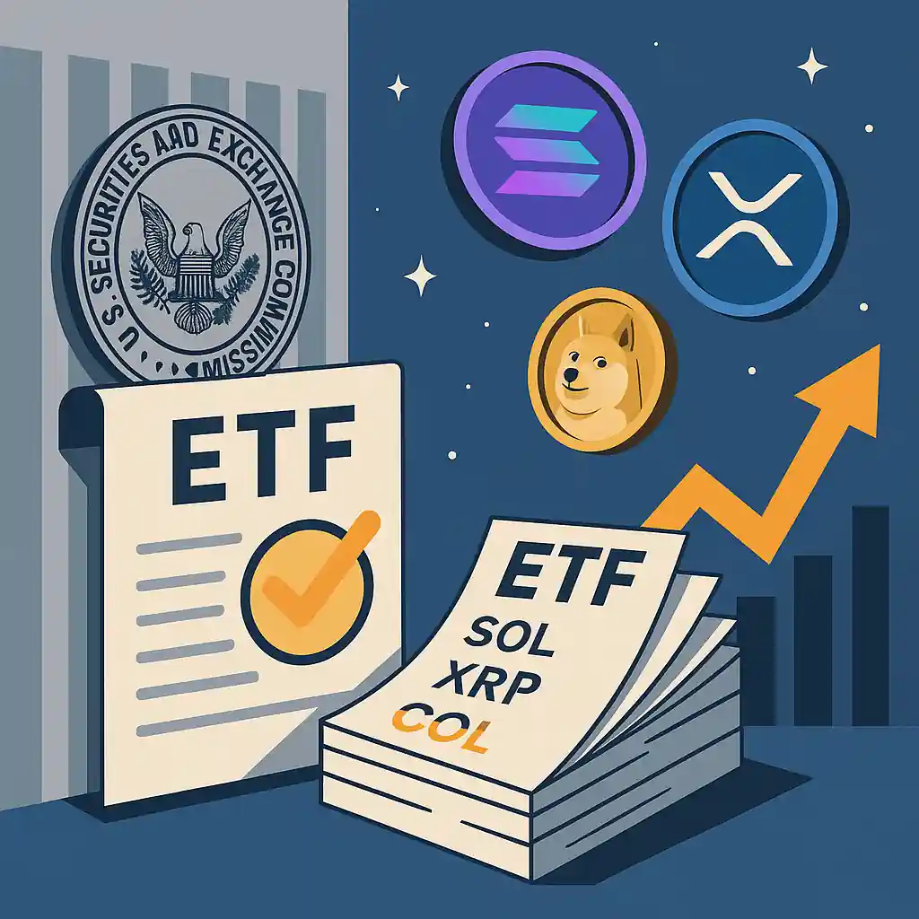Illustration of SEC approving crypto ETFs with Solana, XRP, and Dogecoin symbols, ETF documents, and growth chart.