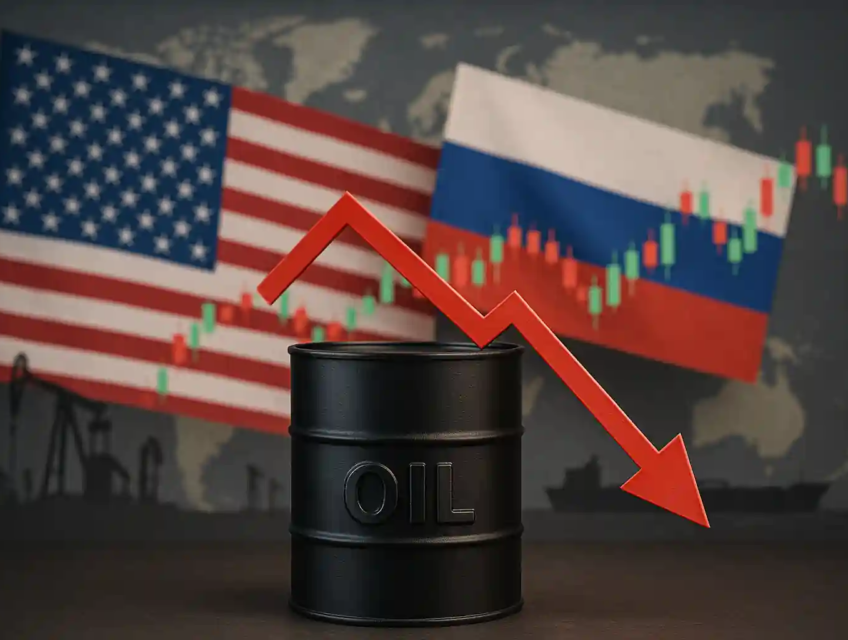 Baril de pétrole noir avec flèche rouge descendante, drapeaux américain et russe en arrière-plan et graphique boursier