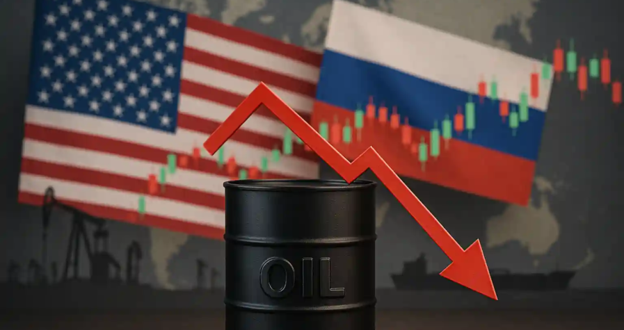 Baril de pétrole noir avec flèche rouge descendante, drapeaux américain et russe en arrière-plan et graphique boursier