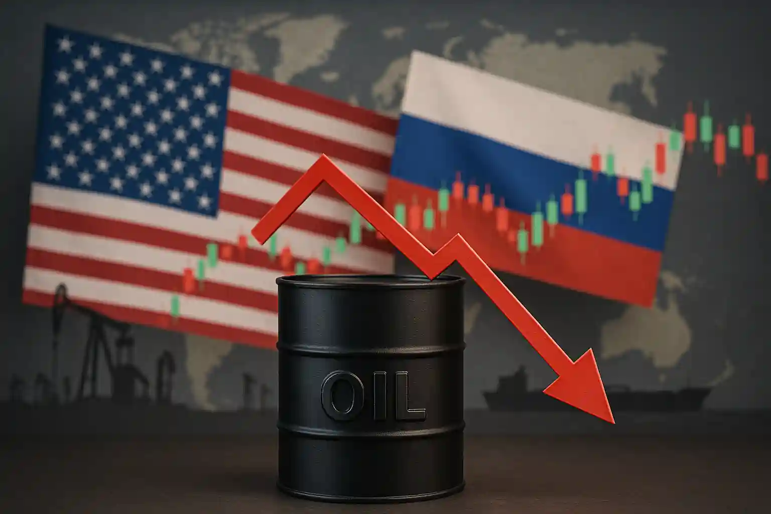 Baril de pétrole noir avec flèche rouge descendante, drapeaux américain et russe en arrière-plan et graphique boursier