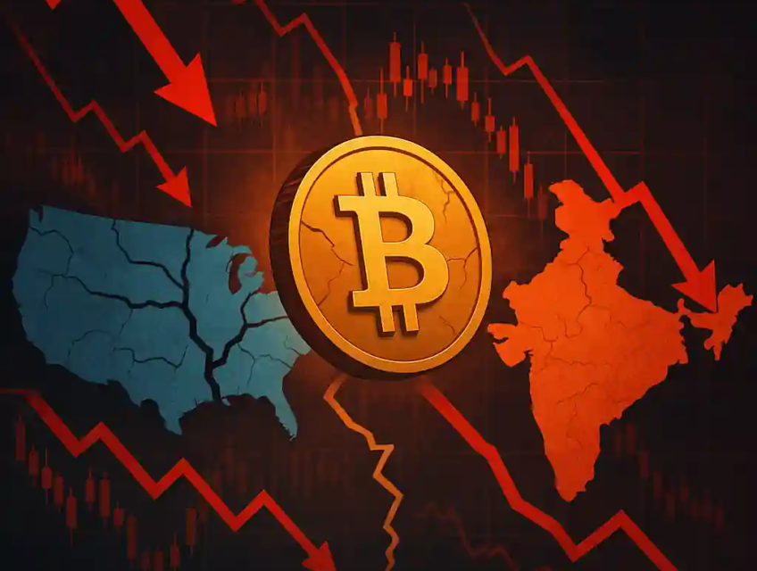 A digital illustration of a falling Bitcoin between fractured maps of the U.S. and India, symbolizing crypto market turmoil caused by trade tariffs.