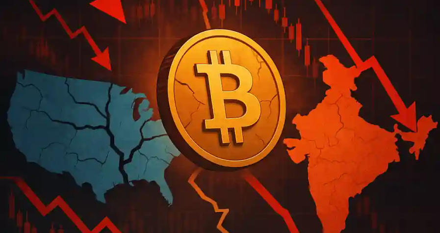 A digital illustration of a falling Bitcoin between fractured maps of the U.S. and India, symbolizing crypto market turmoil caused by trade tariffs.