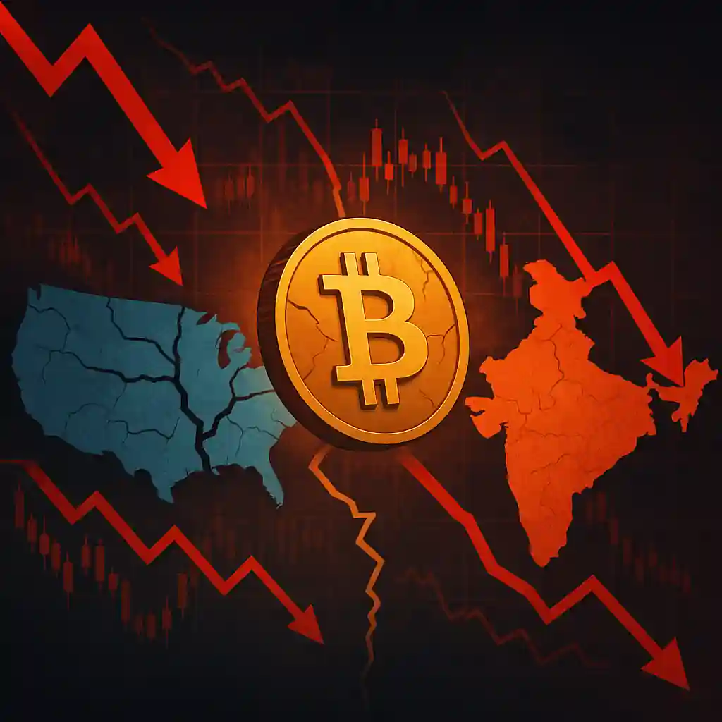A digital illustration of a falling Bitcoin between fractured maps of the U.S. and India, symbolizing crypto market turmoil caused by trade tariffs.