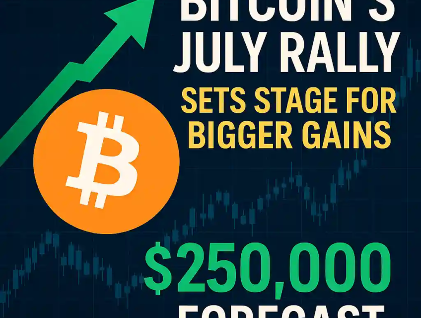 Digital graphic featuring Bitcoin symbol and green upward arrow, highlighting July rally and $250,000 forecast.
