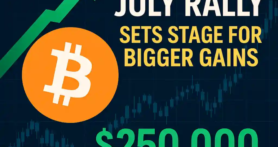 Digital graphic featuring Bitcoin symbol and green upward arrow, highlighting July rally and $250,000 forecast.