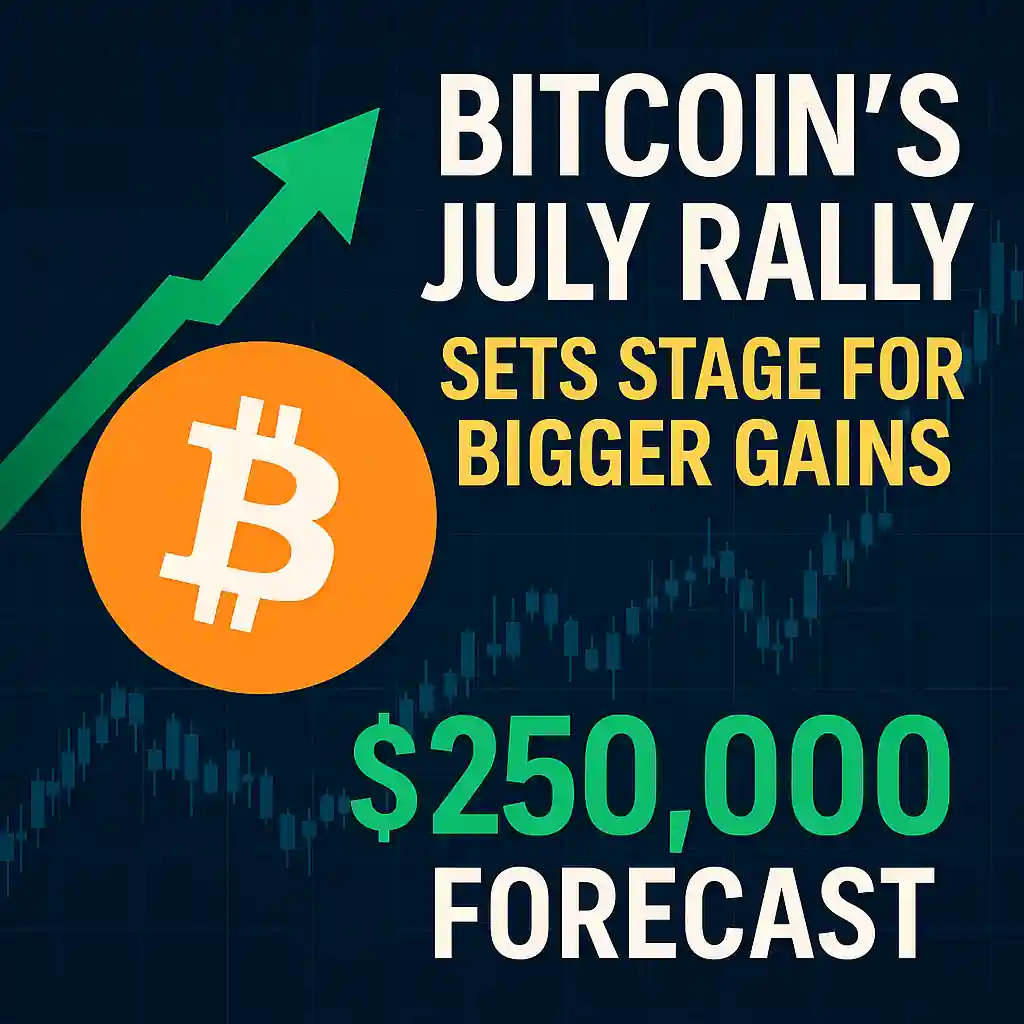 Digital graphic featuring Bitcoin symbol and green upward arrow, highlighting July rally and $250,000 forecast.