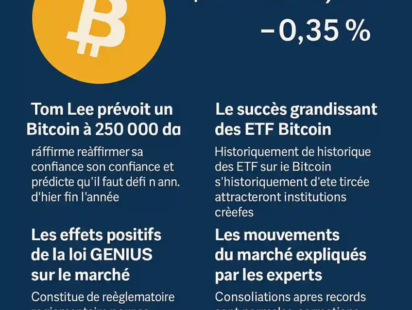 Infographie du mois de juillet 2025 sur le Bitcoin montrant son prix, les prévisions de Tom Lee et les effets de la loi GENIUS.