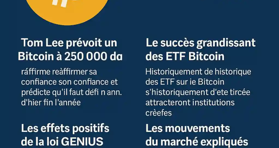 Infographie du mois de juillet 2025 sur le Bitcoin montrant son prix, les prévisions de Tom Lee et les effets de la loi GENIUS.