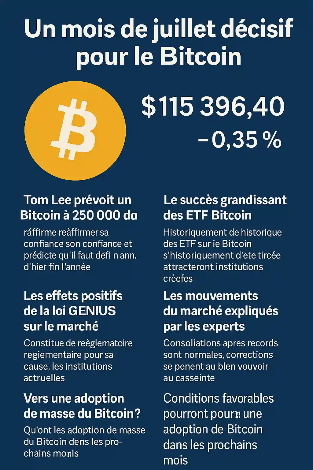 Infographie du mois de juillet 2025 sur le Bitcoin montrant son prix, les prévisions de Tom Lee et les effets de la loi GENIUS.
