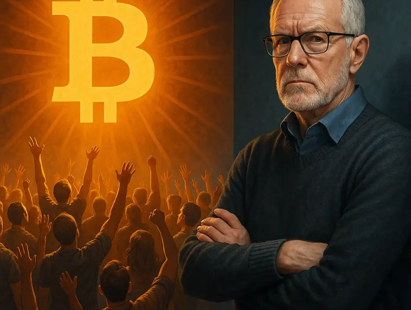 Un trader âgé sceptique observe une foule en adoration devant un symbole Bitcoin lumineux.