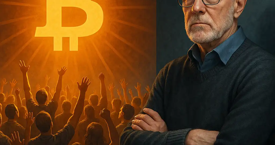 Un trader âgé sceptique observe une foule en adoration devant un symbole Bitcoin lumineux.