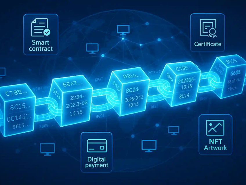 Educational digital illustration showing how blockchain works with interconnected blocks, nodes, and global data chains