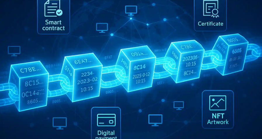 Educational digital illustration showing how blockchain works with interconnected blocks, nodes, and global data chains