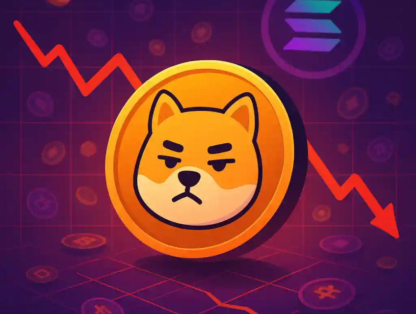 Pièce dorée Bonk crypto avec un Shiba Inu mécontent, sur fond de courbe boursière en baisse et logo Solana.
