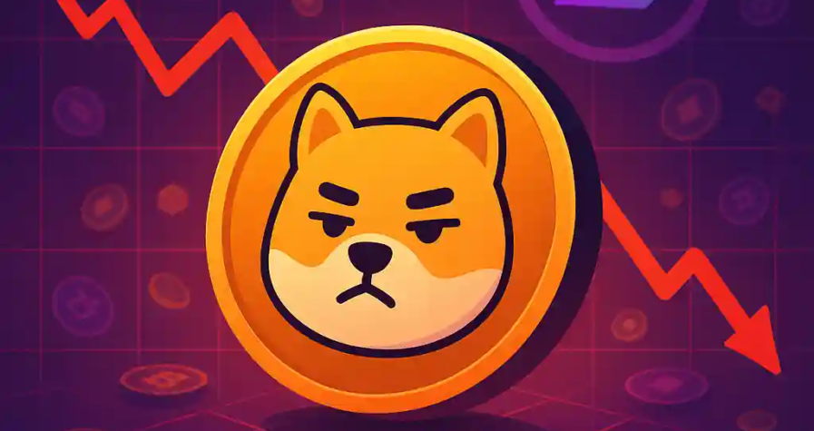 Pièce dorée Bonk crypto avec un Shiba Inu mécontent, sur fond de courbe boursière en baisse et logo Solana.