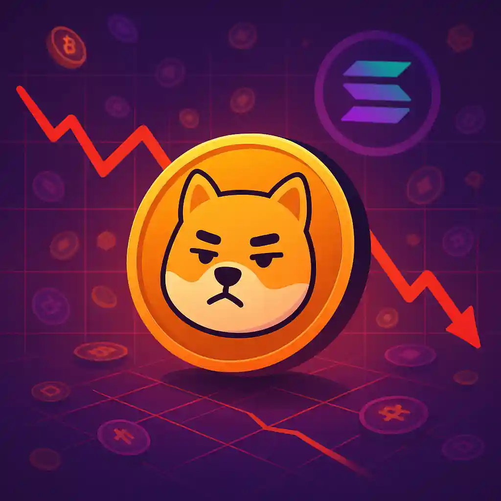 Pièce dorée Bonk crypto avec un Shiba Inu mécontent, sur fond de courbe boursière en baisse et logo Solana.