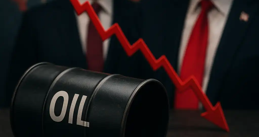 Graphique rouge en chute libre devant un baril de pétrole renversé, avec Poutine et Trump en arrière-plan flou