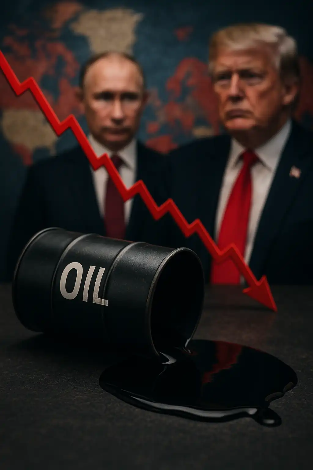 Graphique rouge en chute libre devant un baril de pétrole renversé, avec Poutine et Trump en arrière-plan flou