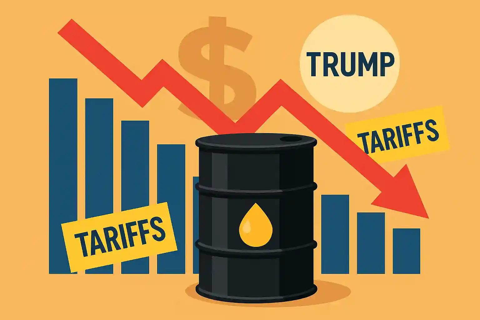 Illustration représentant la chute des prix du pétrole liée aux annonces tarifaires de Trump, avec un baril noir, des flèches rouges vers le bas et le mot