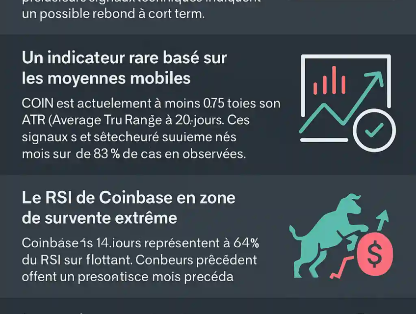 Infographie montrant l'évolution du cours de l'action Coinbase après une forte chute en août 2025, avec signaux techniques haussiers.