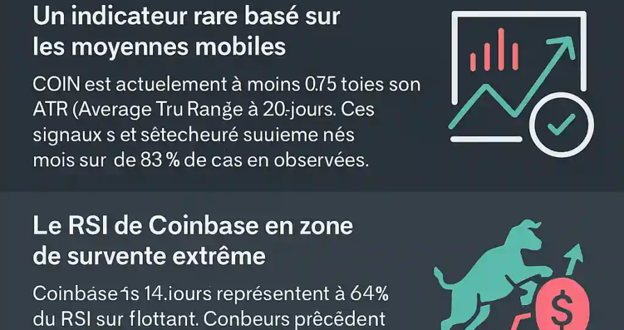 Infographie montrant l'évolution du cours de l'action Coinbase après une forte chute en août 2025, avec signaux techniques haussiers.