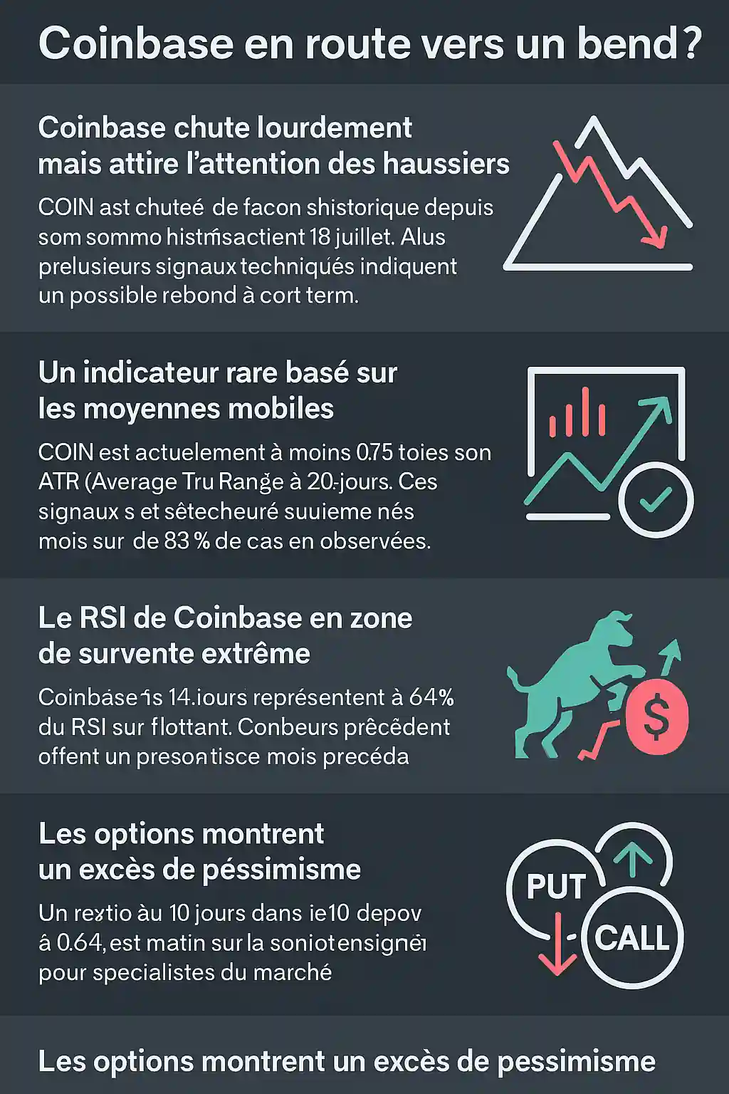 Infographie montrant l'évolution du cours de l'action Coinbase après une forte chute en août 2025, avec signaux techniques haussiers.