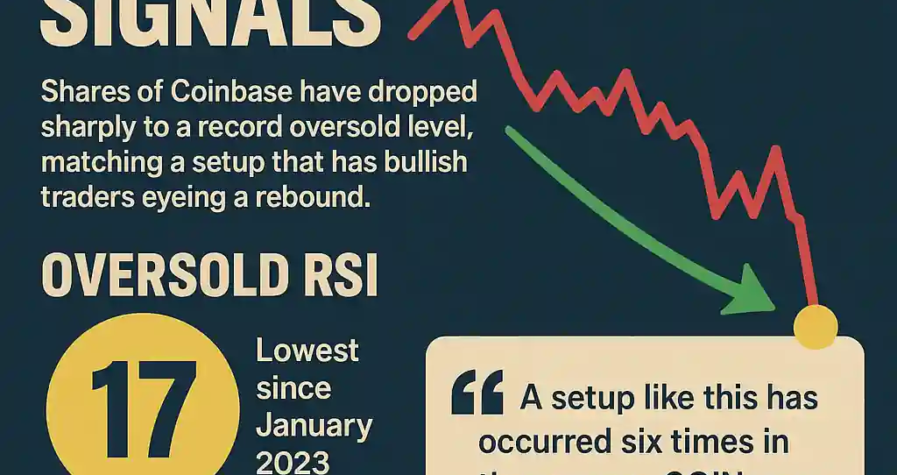 2D digital graphic illustrating Coinbase stock decline after earnings, highlighting RSI and trendline indicators.