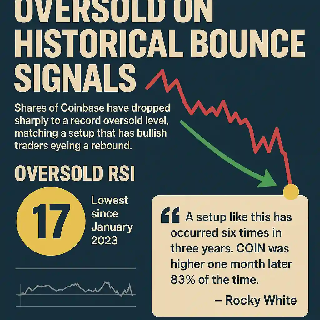 2D digital graphic illustrating Coinbase stock decline after earnings, highlighting RSI and trendline indicators.