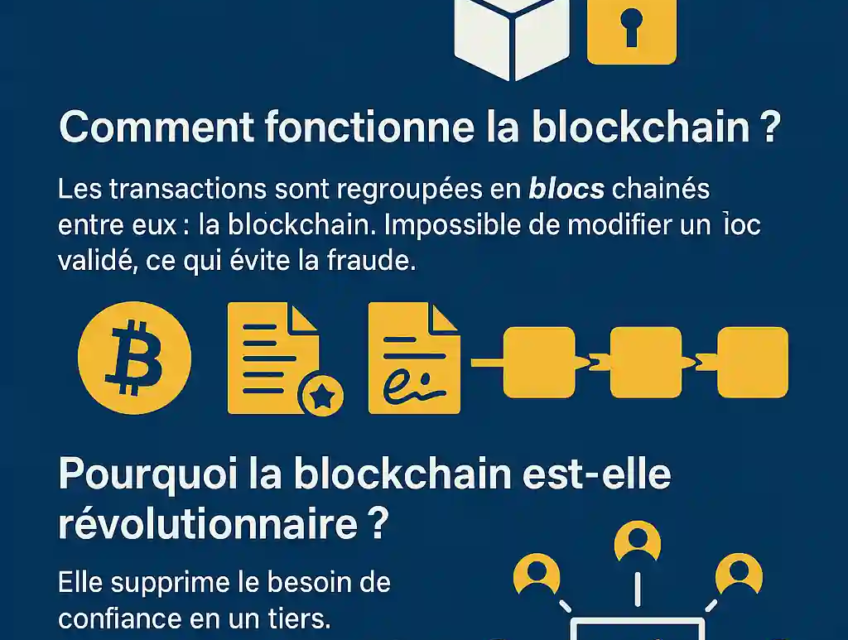 Infographie illustrant la définition, le fonctionnement et les avantages de la blockchain, avec des icônes de blocs, cadenas, Bitcoin et réseau décentralisé.