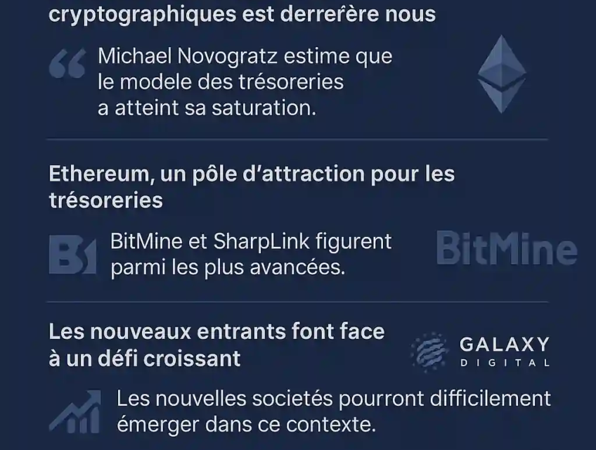 Infographie française illustrant le recul du modèle des trésoreries cryptographiques, selon Galaxy Digital et Michael Novogratz.