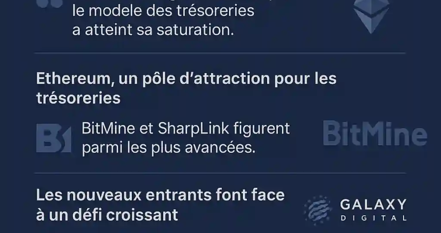 Infographie française illustrant le recul du modèle des trésoreries cryptographiques, selon Galaxy Digital et Michael Novogratz.